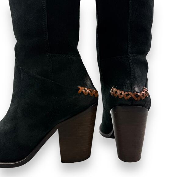 FREE PEOPLE knee high black suede riding boots with braided leather trim - Picture 3 of 16